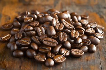 Naklejka premium Close-up View of Roasted Coffee Beans on Wooden Surface