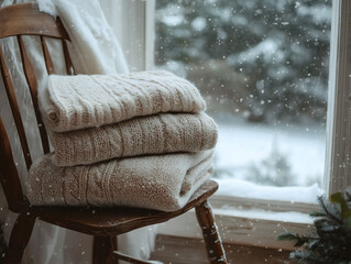 Obraz premium Cozy Knitwear and Snowflakes by the Window - A Warm Winter Day
