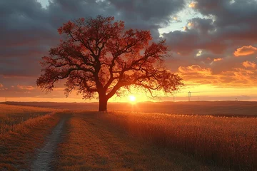 Lone tree in field at sunset with dramatic sky