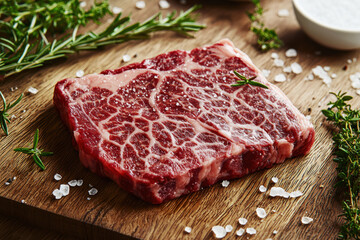 Fototapeta premium Fresh raw beef steak with marbling on wooden cutting board with rosemary and sea salt scattered around