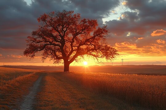 Lone tree in field at sunset with dramatic sky