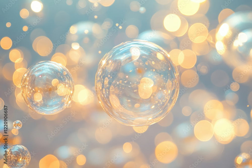 Poster Transparent bubbles float amidst a dreamy bokeh of golden and blue lights, creating a magical, ethereal scene.