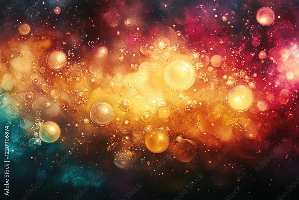 Poster Abstract cosmic nebula-like image with vibrant colors and floating bubbles, resembling a dreamy, ethereal space scene.
