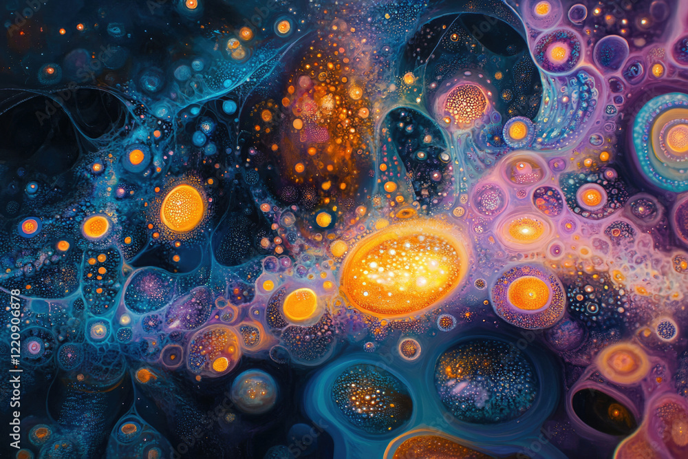 Poster abstract cosmic artwork featuring vibrant, swirling colors and glowing orbs, resembling a nebula or 