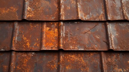An up-close view of weathered tiles covered in rust, revealing intricate textures that tell a story of time, weather conditions, and the impact of nature on materials.