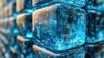 A close-up view of a transparent blue 3D bar chart illustrating a rising trend.