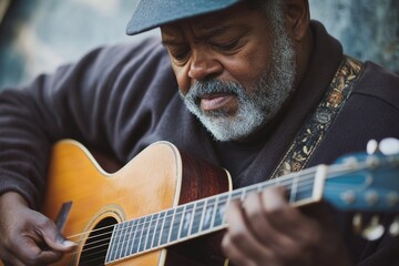 A senior man with a grey beard plays an acoustic guitar, lost in the music.