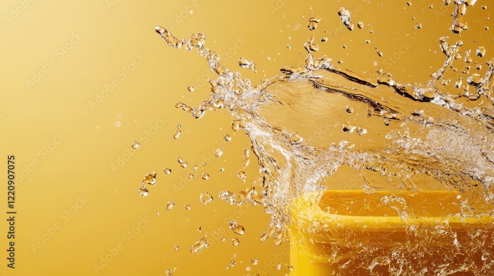 Poster a striking image of water splashing from a bright yellow bucket, emphasizing the playful, dynamic na