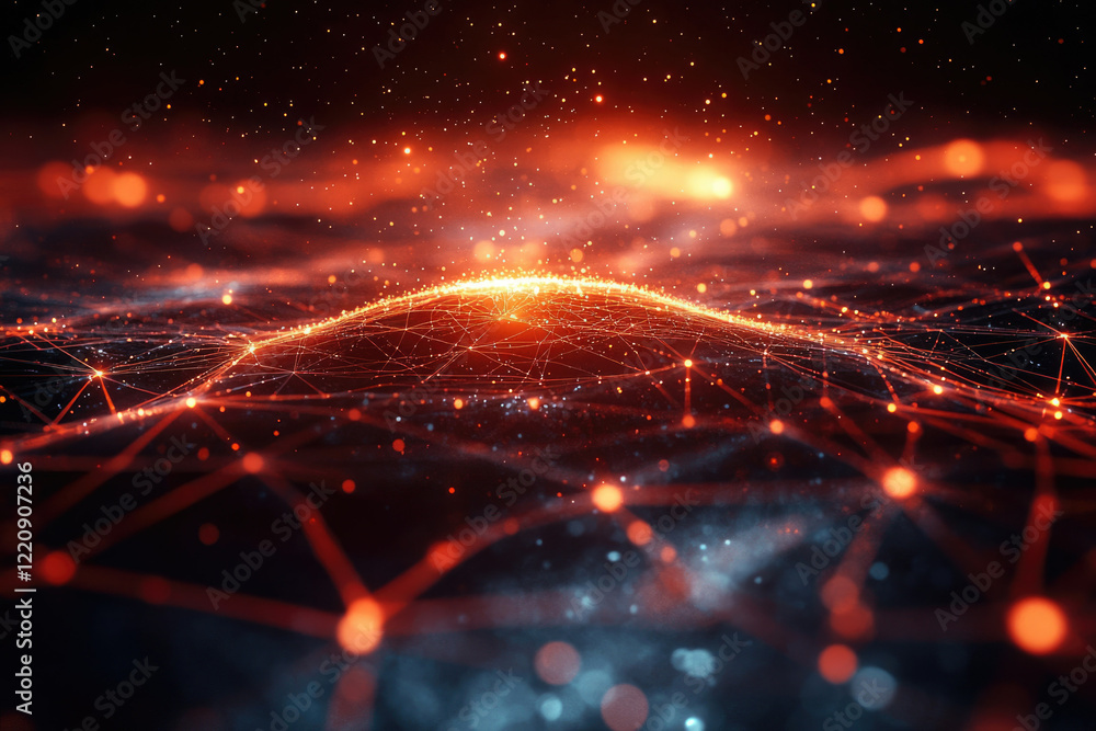 Poster Abstract digital landscape with glowing nodes and connections, representing network or data visualization.