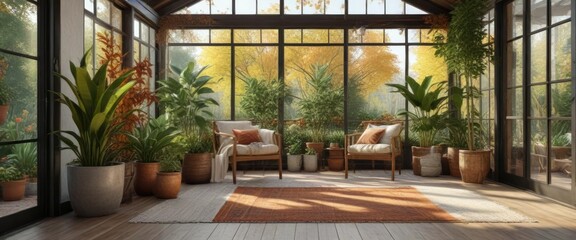 Autumnal decor in a sunroom with potted plants and natural textiles, plants, serene ambiance