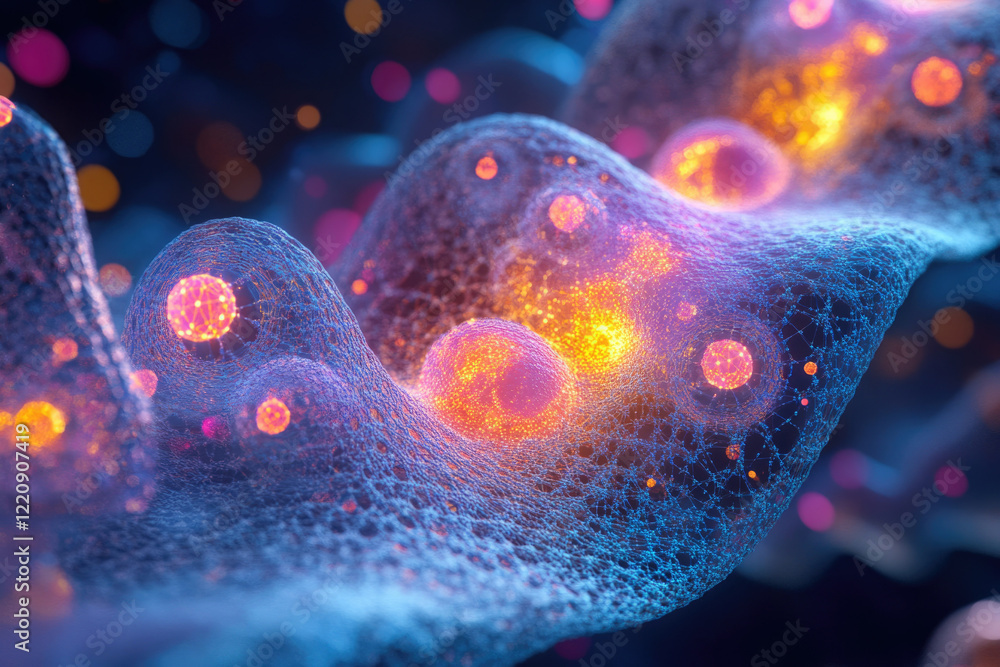 Poster Abstract digital rendering of a network of glowing cells, interconnected and forming a flowing, wave-like structure.