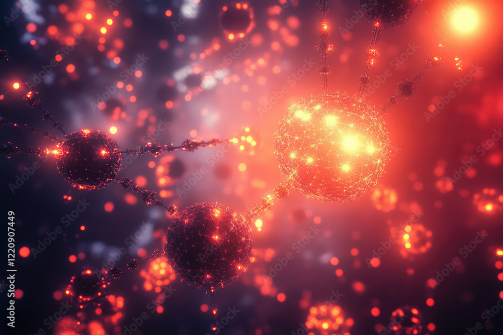 Poster abstract image depicting interconnected glowing spheres, representing networks, connections, or mole