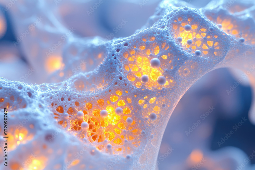 Poster abstract image of a porous, glowing structure, resembling a complex network or cellular system.