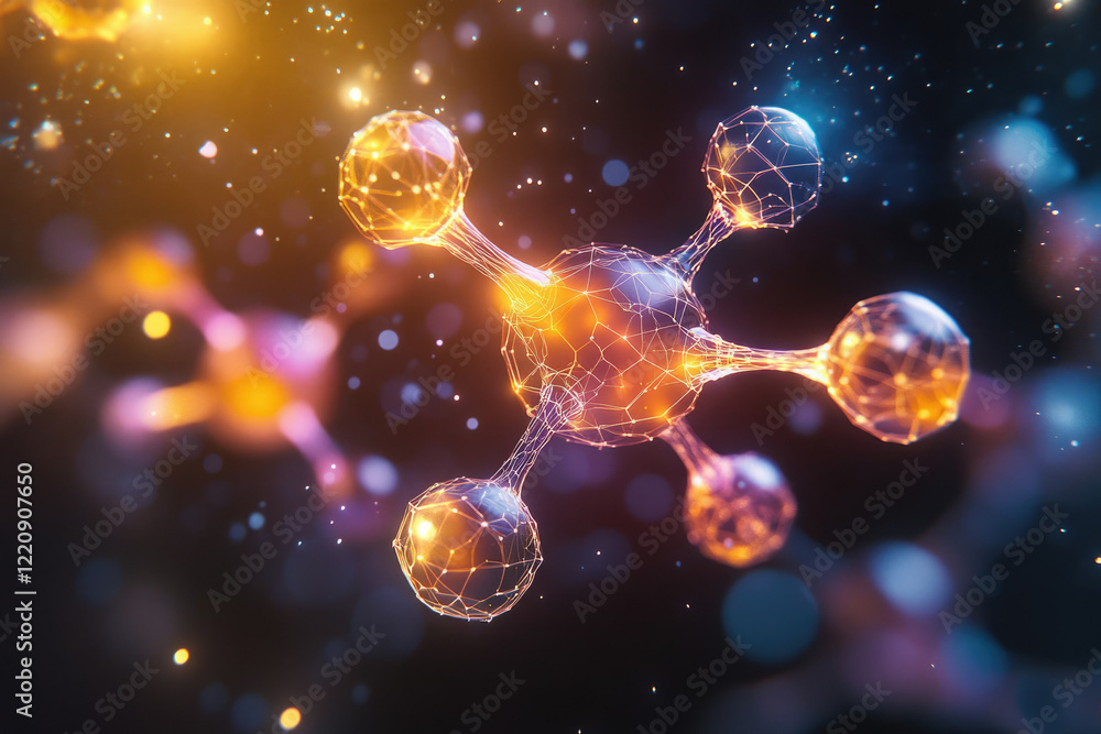 Poster abstract representation of a molecule, glowing atoms connected by bonds, in a dark background.