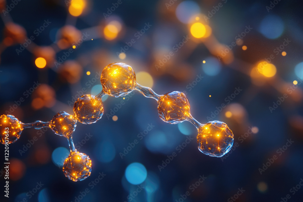 Poster A 3D rendering of a glowing molecule, interconnected atoms forming a complex structure.