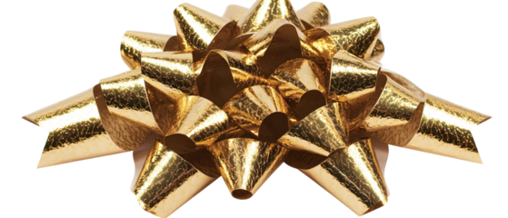Shiny golden gift bow with textured ribbon loops. Isolated on White Background, clipping path  - 