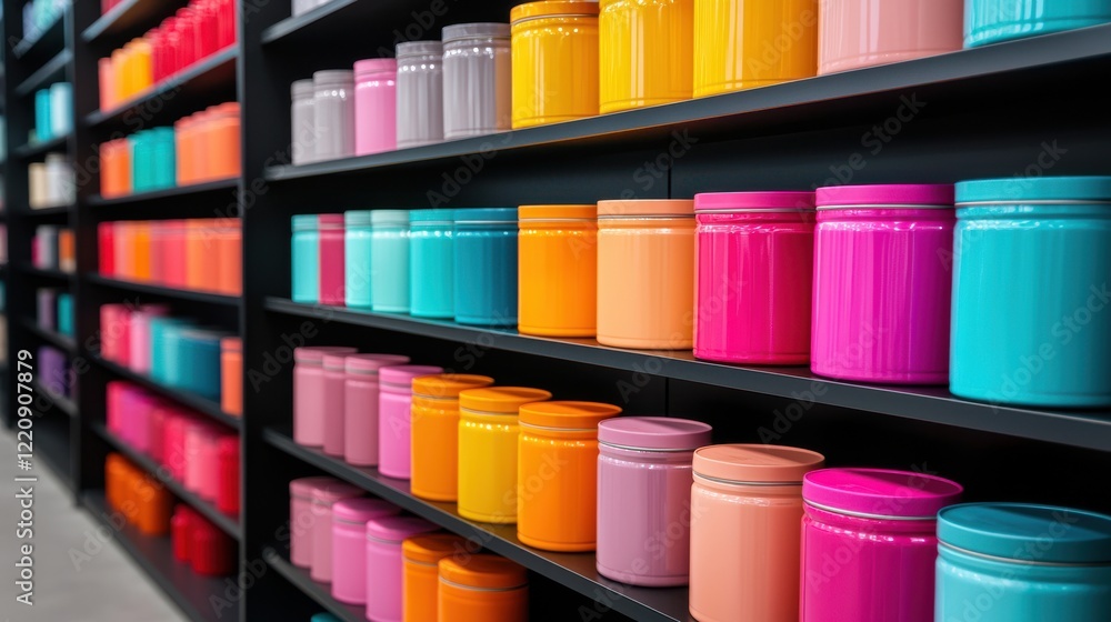 Poster a vibrant display of colorful jars arranged neatly on black shelves, showcasing a variety of hues an