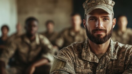 Fototapeta premium A portrait of a soldier wearing a proud smile, exuding confidence and respect, surrounded by fellow service members, conveying unity and the strong bond shared in military life.