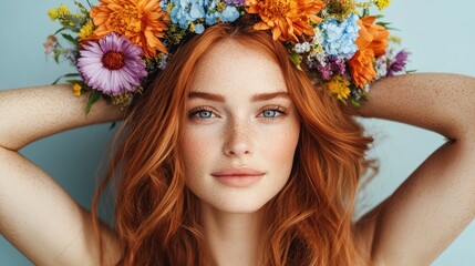 A captivating portrait of a young woman sporting a vibrant flower crown, embodying beauty, nature, and serenity with her stunning red hair and bright blue eyes.