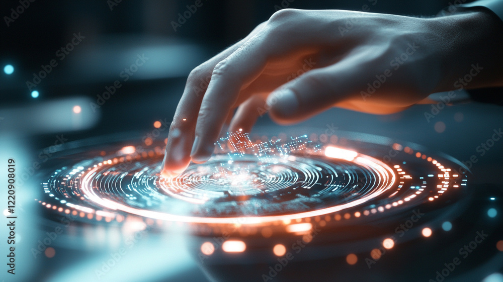 Poster hand interacting with futuristic glowing circular interface a concept of advanced technology and dig