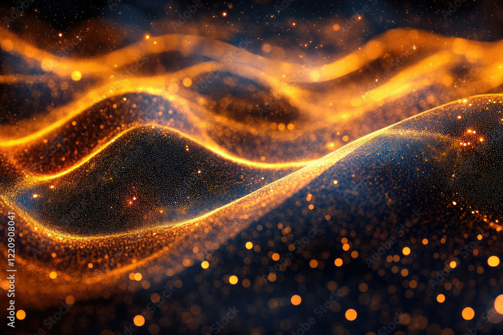 Poster Abstract golden particles flowing like waves in dark space, creating a mesmerizing, luxurious visual.