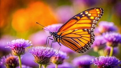 Fototapeta premium Orange Butterfly on Purple Flower - Vibrant Nature Stock Photo