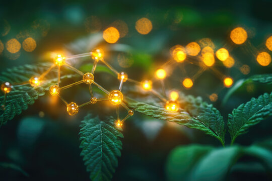 Glowing molecular structure resting on cannabis leaves, symbolizing the plant's chemical compounds and potential.