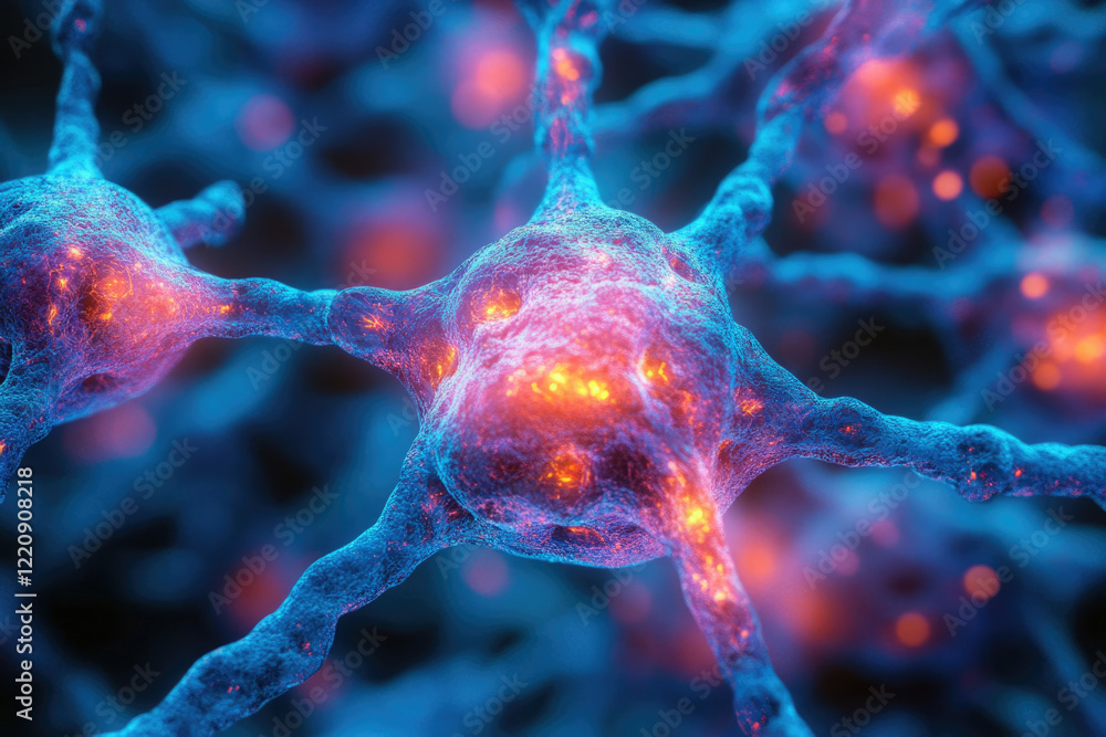 Poster Microscopic view of neuron cells with glowing synapses, depicting intricate neural network connections.
