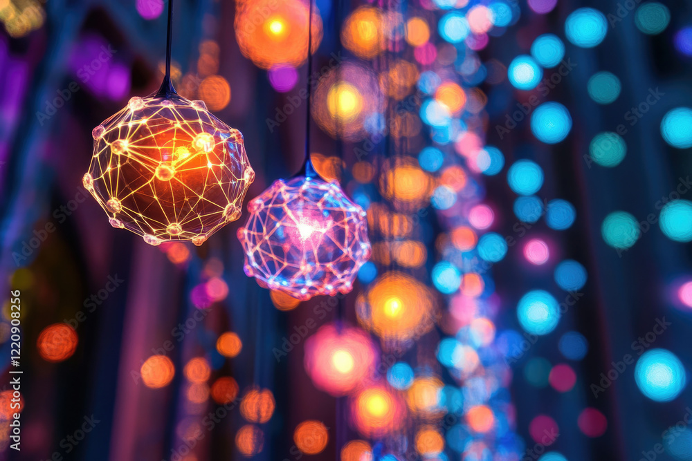 Poster intricate geometric light orbs hang, creating a mesmerizing display of colorful bokeh against a dark