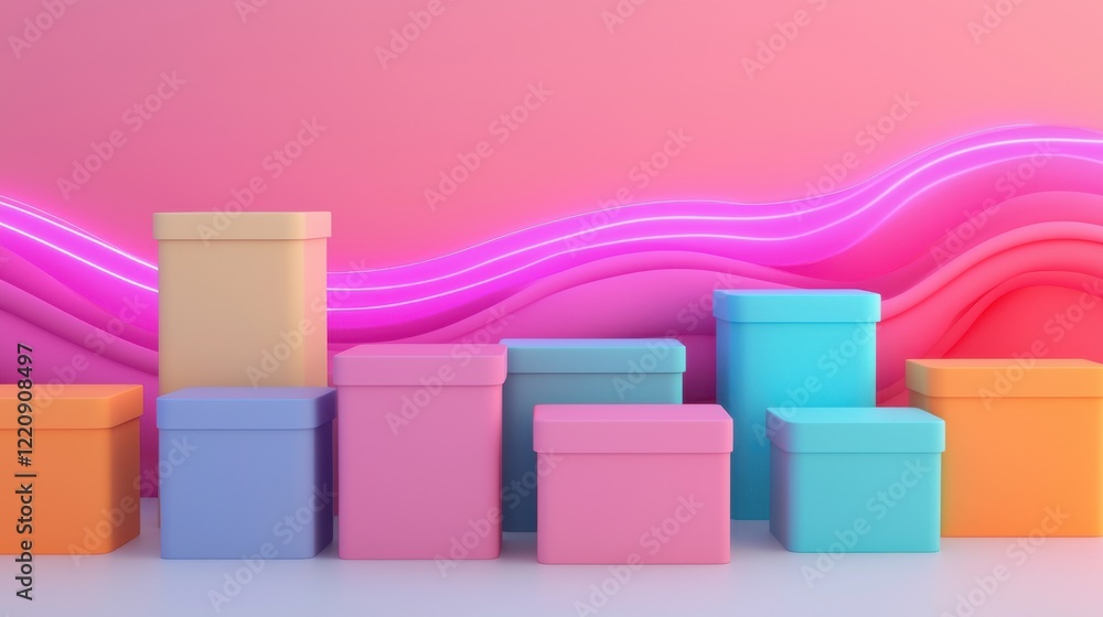 Poster colorful stacked boxes against a vibrant pink backdrop, featuring dynamic wave patterns and neon acc