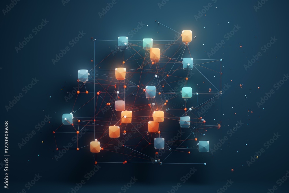 Poster glowing cubes interconnected in a complex network, symbolizing data flow, technological advancement,