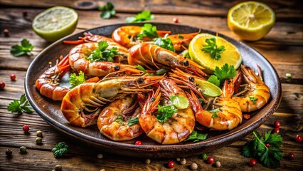 Delicious Grilled Shrimp Platter on Rustic Wooden Table