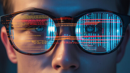 Close-Up of Glasses Reflecting Digital Programming Interface with Vibrant Patterns