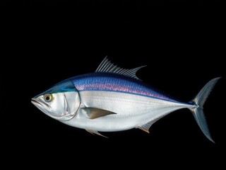 Fototapeta premium Bluefin tuna with vibrant blue and silver scales swimming gracefully against a sleek black background, bluefin tuna, scales, aquatic