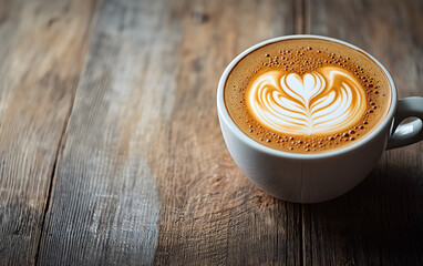 Serene Morning Coffee with Artful Latte in Sunlit Space