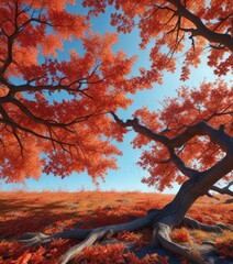 Branches of an oak tree with scarlet leaves and fallen leaves scattered around against a blue sky , outdoor, branches