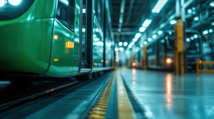 Obraz premium A close-up view of a green bus within a transit depot, showcasing sleek design and bright lighting that highlights the bus' features and the industrial space it occupies.