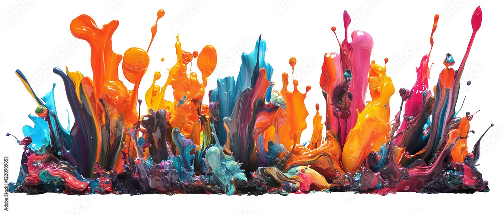 Poster vibrant explosions of colorful paint splashes, creating dynamic and bold shapes. isolated on white b