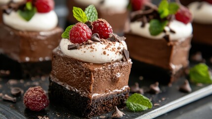 This delectable chocolate cake showcases a rich mousse, topped with whipped cream, raspberries, and mint leaves, all elegantly presented for any dessert lover.
