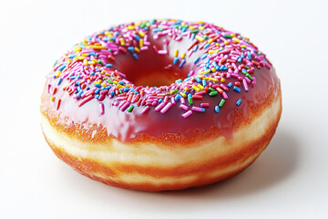 Close-up view of a delicious glazed donut topped with colorful frosting and sprinkles on a clean white background
