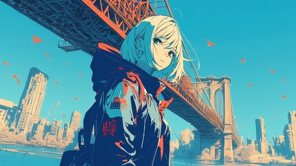 Obraz premium City Pop Vibes, vibrant young woman strolling on a bridge, gazing at the serene river, bold outlines, simple colors, pop art influence, warm and tranquil palette.