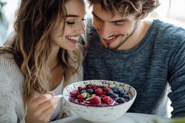 A happy couple shares a delicious and healthy berry smoothie bowl for breakfast, enjoying a romantic moment together.