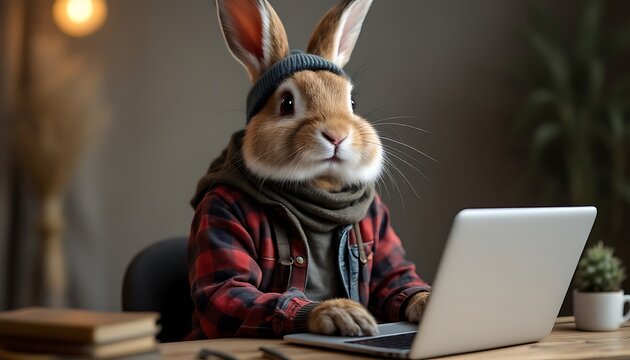 Stylish Rabbit Works On Laptop Cozy Home Office Setting