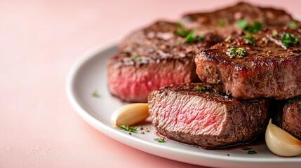 Obraz premium An artistic presentation of thin slices of perfectly seared beef tenderloin, showcasing its juicy pink interior and vibrant garnishes for visual appeal.