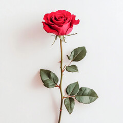 A vibrant rose with leaf closeup view on a white background