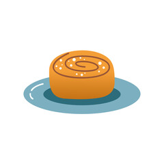 A hand drawn delicious fresh and sweet cinnamon bun on a plate. Food, pastry or baked desserts theme. Vector illustration in flat style isolated on white background.