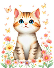 Cute Kitten Amidst Flowers and Butterflies