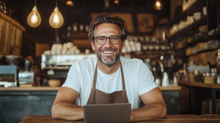 Fototapeta premium A cheerful man wearing an apron, embedded in his role at a bustling coffee shop, beams with joy as he interacts with customers, showcasing the essence of hospitality.