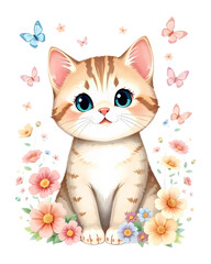 Cute cartoon cat surrounded by flowers and butterflies