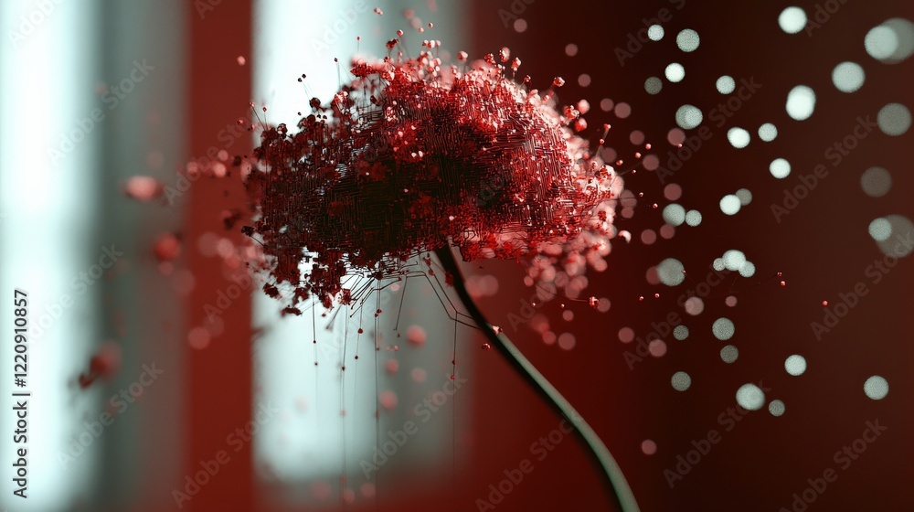 Poster abstract representation of a vibrant red flower with dynamic particles
